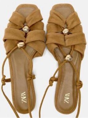 Zara Cognac Suede Gold Coastal Resort Beach Knotted Lace Tie Up Sandals- Size 41
